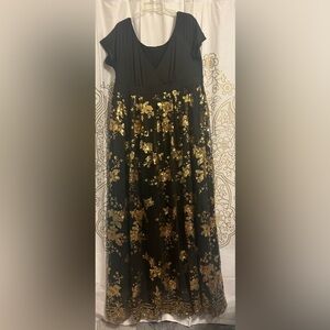Black& Gold sequence stitched long lined dress w/ stretch- size n/a